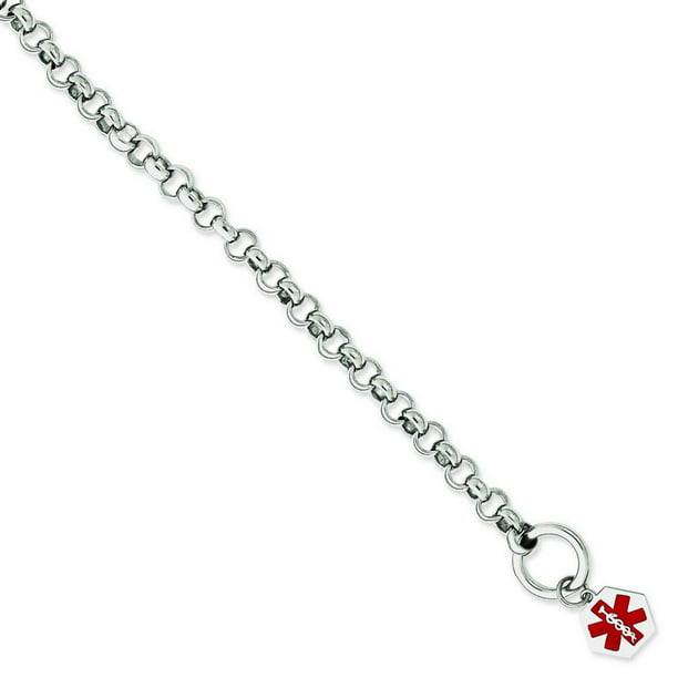 Sterling Silver Rhodium Engraveable Enamel Hexagon Medical ID Bracelet 